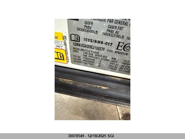 2014 Chevrolet Traverse Lt VIN: 1GNKVGKD9EJ192076 Lot: 30078549