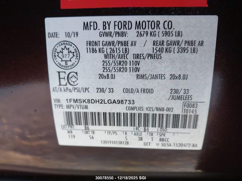 2020 Ford Explorer Xlt VIN: 1FMSK8DH2LGA98733 Lot: 30078550