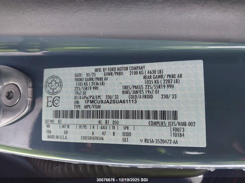 2025 Ford Escape Platinum VIN: 1FMCU9JA2SUA61113 Lot: 30076676