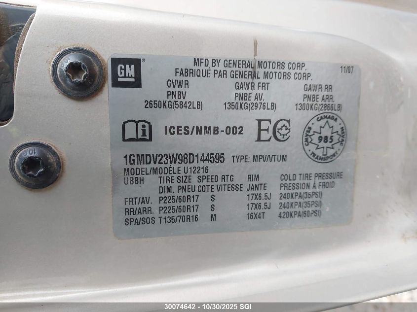 2008 Pontiac Montana Sv6 VIN: 1GMDV23W98D144595 Lot: 30074642