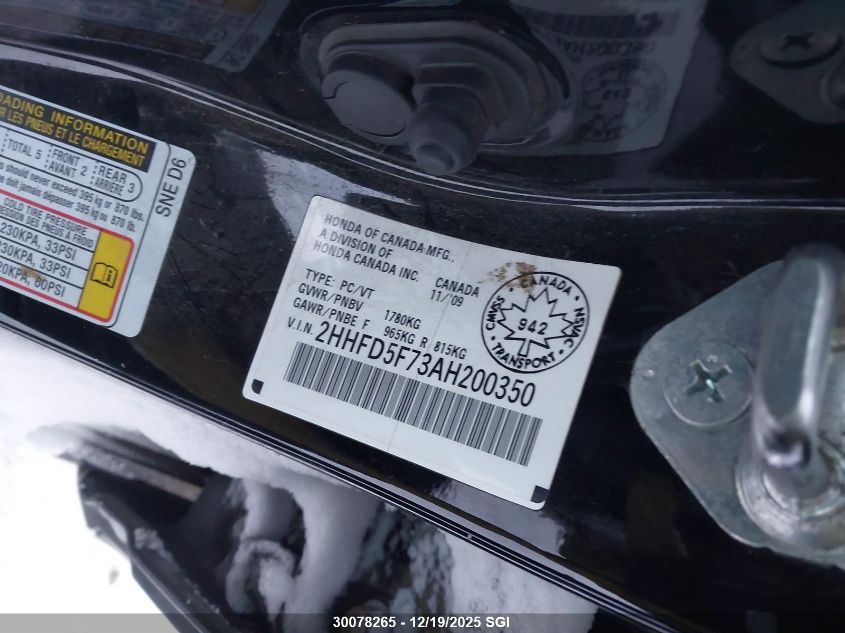 2010 Acura Csx VIN: 2HHFD5F73AH200350 Lot: 30078265