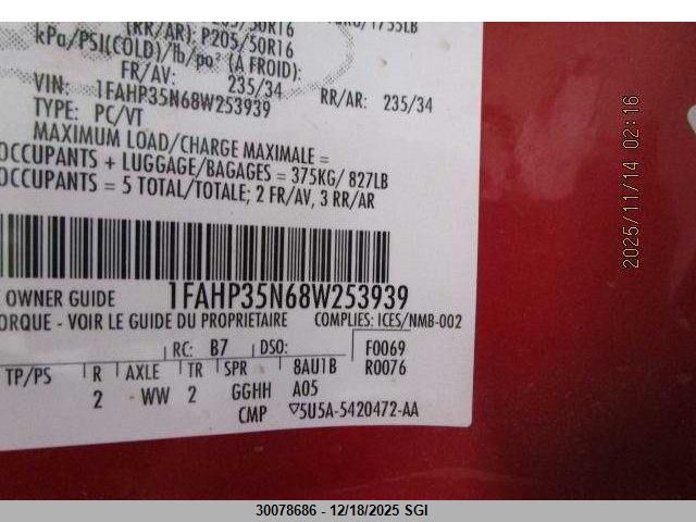 2008 Ford Focus Se/Sel/Ses VIN: 1FAHP35N68W253939 Lot: 30078686