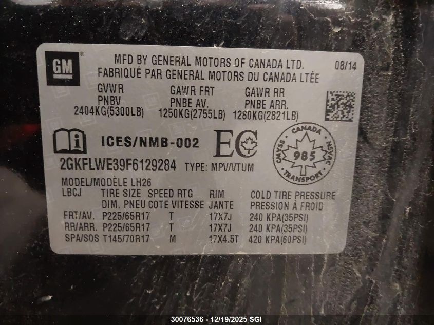 2015 GMC Terrain Sle VIN: 2GKFLWE39F6129284 Lot: 30076536