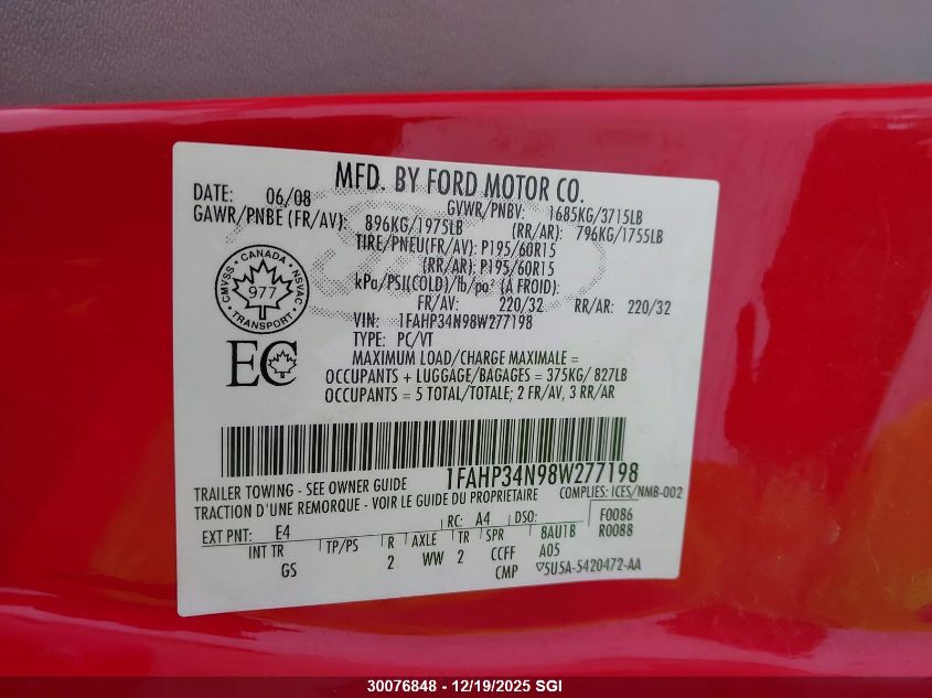 2008 Ford Focus S/Se VIN: 1FAHP34N98W277198 Lot: 30076848