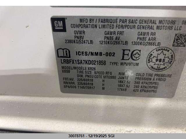 2019 Buick Envision Preferred VIN: LRBFX1SA7KD021858 Lot: 30078761