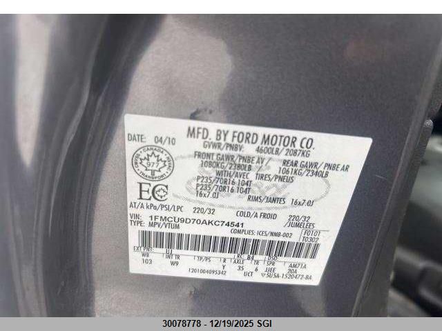 2010 Ford Escape Xlt VIN: 1FMCU9D70AKC74541 Lot: 30078778