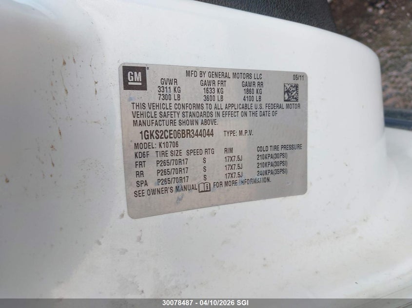 2011 GMC Yukon Slt VIN: 1GKS2CE06BR344044 Lot: 30078487