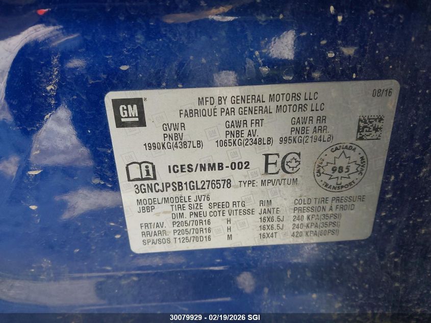 2016 Chevrolet Trax 1Lt VIN: 3GNCJPSB1GL276578 Lot: 30079929