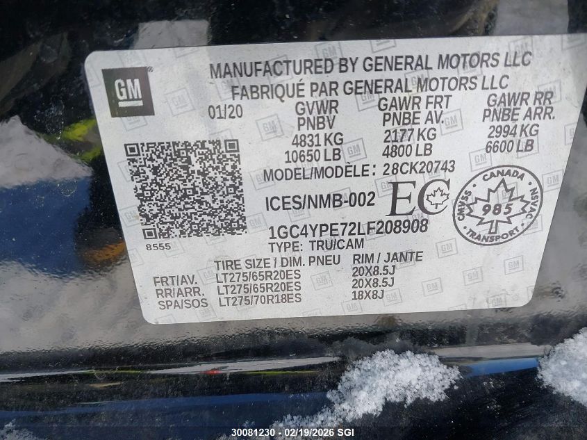 2020 Chevrolet Silverado K2500 Heavy Duty Ltz VIN: 1GC4YPE72LF208908 Lot: 30081230