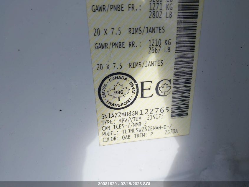 2016 Nissan Murano S/Sl/Sv/Platinum VIN: 5N1AZ2MH8GN122765 Lot: 30081629