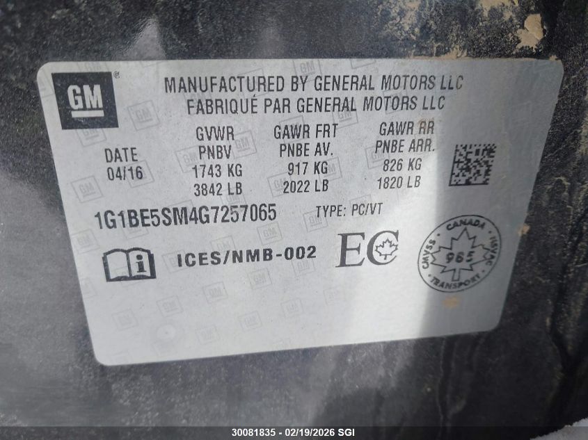 2016 Chevrolet Cruze Lt VIN: 1G1BE5SM4G7257065 Lot: 30081835