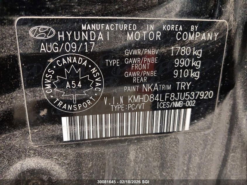 2018 Hyundai Elantra Sel/Value/Limited VIN: KMHD84LF8JU537920 Lot: 30081645