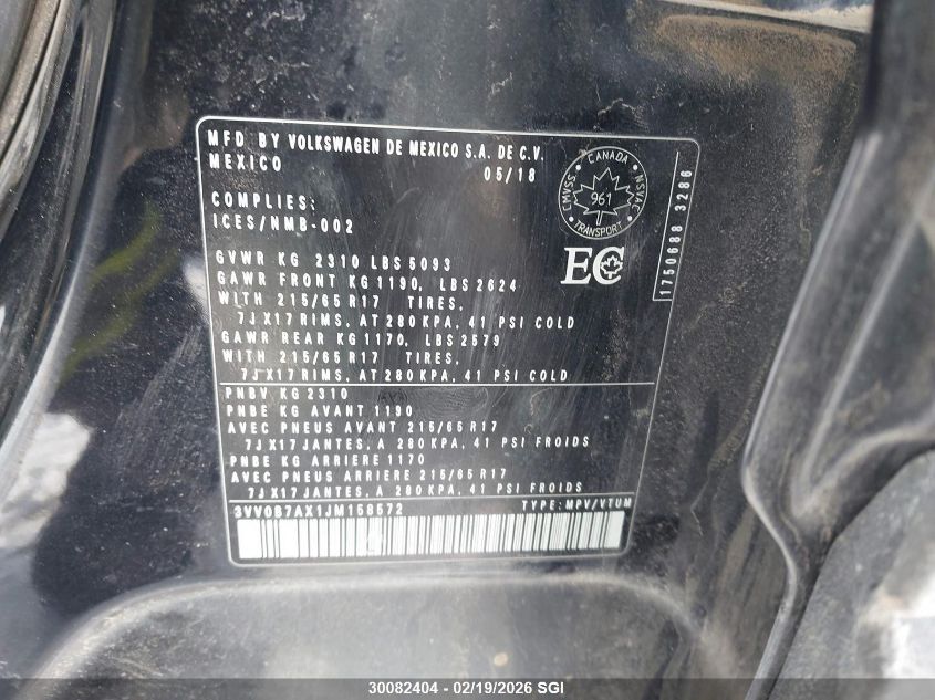 2018 Volkswagen Tiguan S VIN: 3VV0B7AX1JM158572 Lot: 30082404