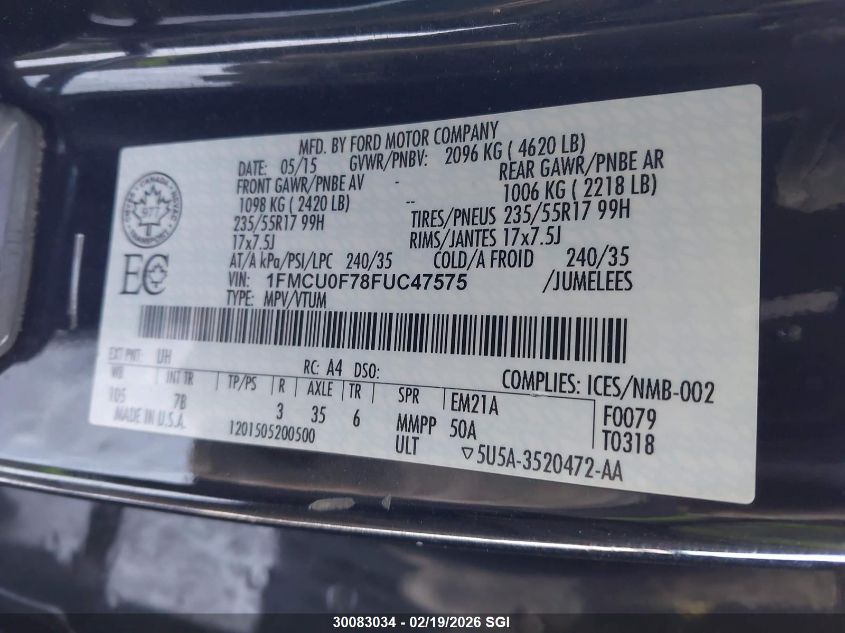 2015 Ford Escape S VIN: 1FMCU0F78FUC47575 Lot: 30083034