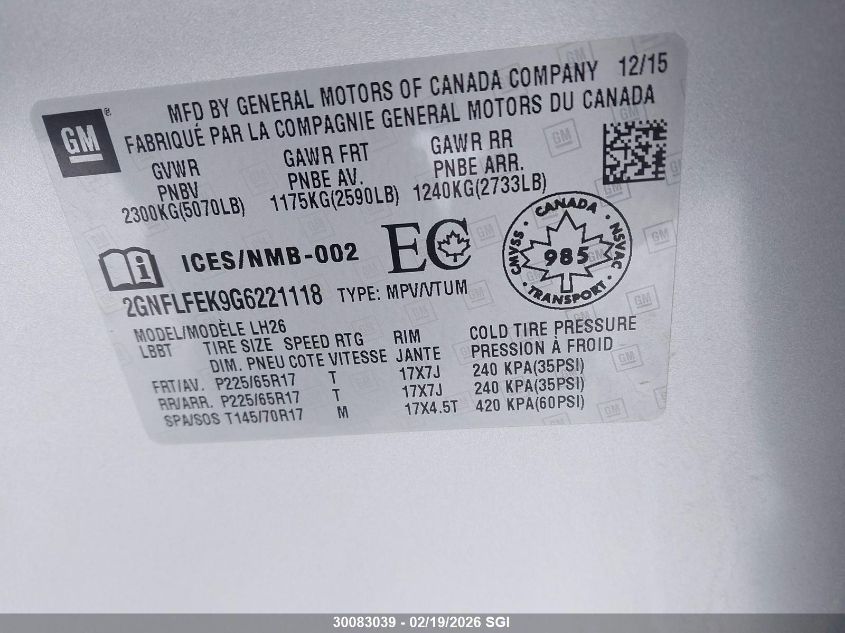 2016 Chevrolet Equinox Lt VIN: 2GNFLFEK9G6221118 Lot: 30083039