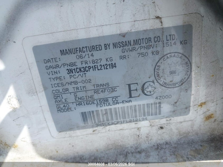 2015 Nissan Micra VIN: 3N1CK3CP1FL212194 Lot: 30084608
