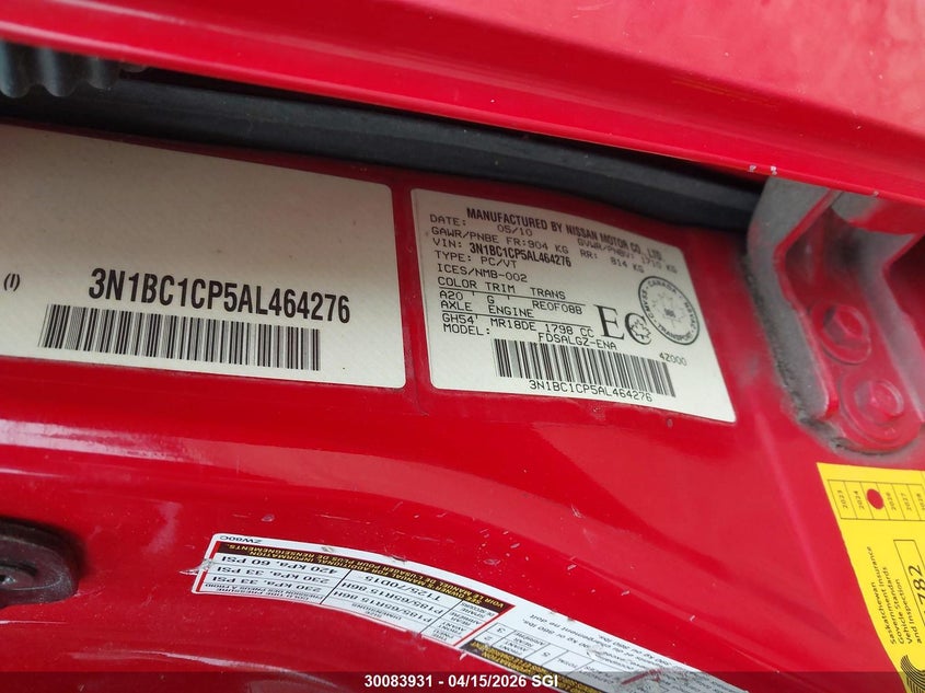 2010 Nissan Versa S/Sl VIN: 3N1BC1CP5AL464276 Lot: 30083931