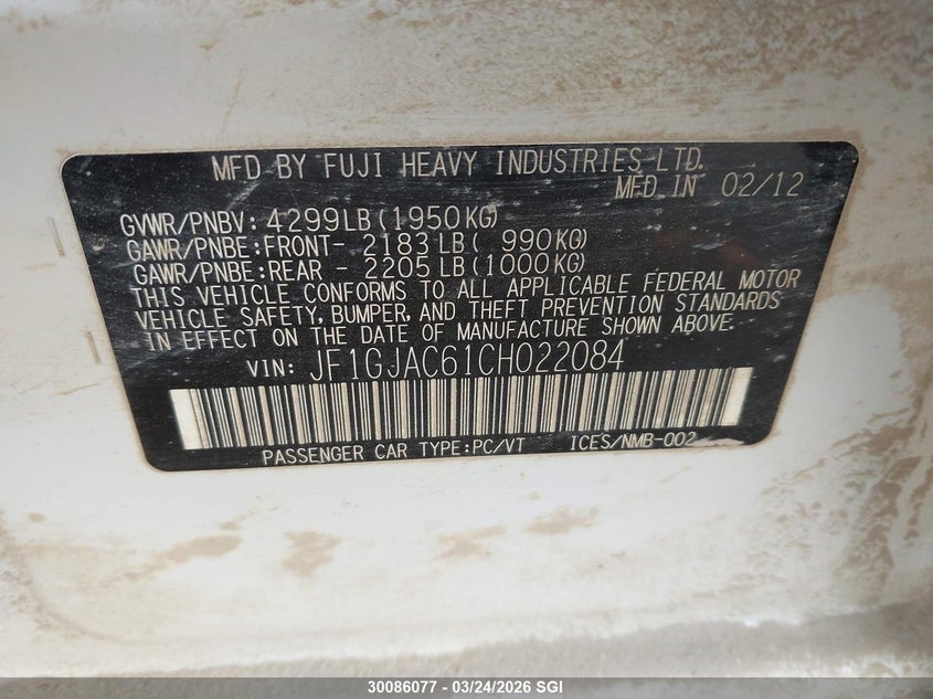 2012 Subaru Impreza Premium VIN: JF1GJAC61CH022084 Lot: 30086077