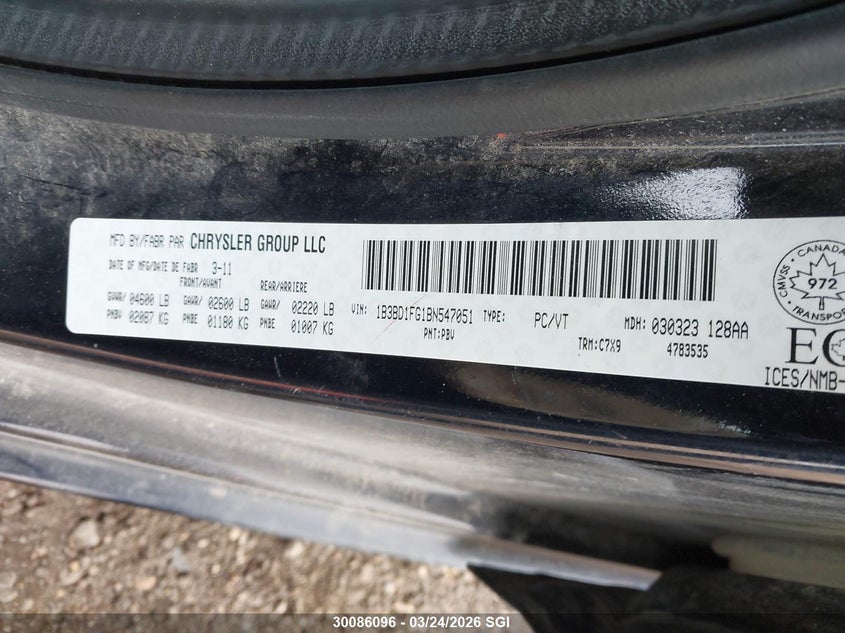 2011 Dodge Avenger Mainstreet VIN: 1B3BD1FG1BN547051 Lot: 30086096