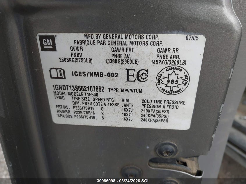 2006 Chevrolet Trailblazer Ls/Lt VIN: 1GNDT13S662107862 Lot: 30086098