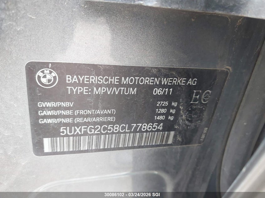 2012 BMW X6 3.0 Xdrive35i Grey Lot 111030086102 Vin 5UXFG2C58CL778654