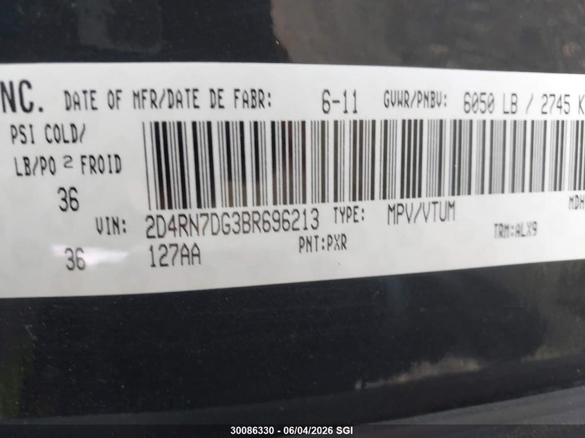 2011 Dodge Grand Caravan R/T VIN: 2D4RN7DG3BR696213 Lot: 30086330