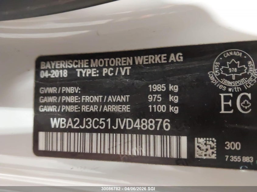 2018 BMW 230Xi VIN: WBA2J3C51JVD48876 Lot: 30086782