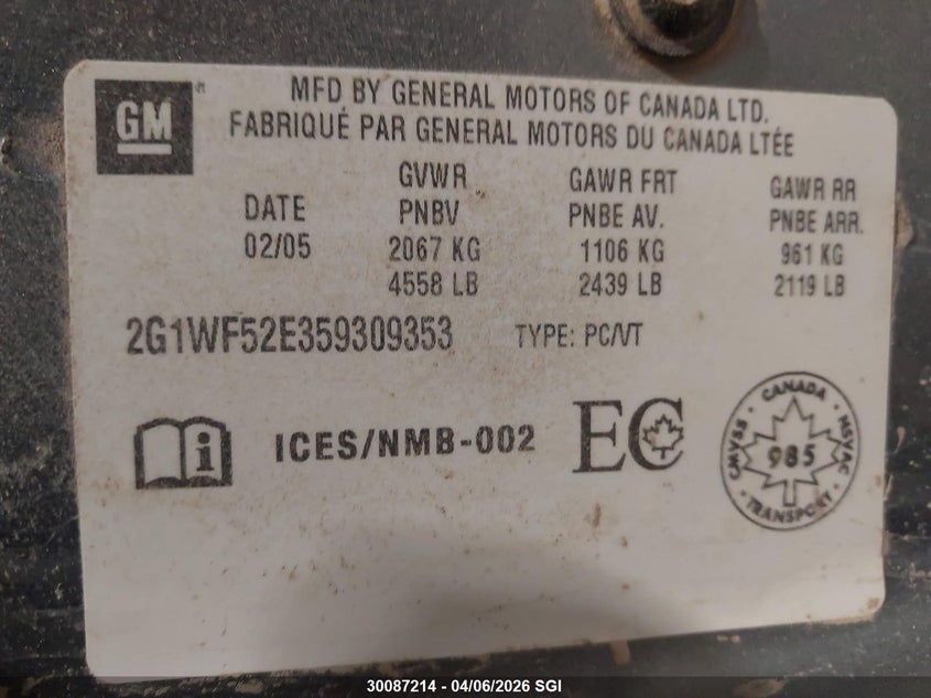 2005 Chevrolet Impala VIN: 2G1WF52E359309353 Lot: 30087214