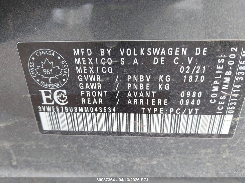 2021 Volkswagen Jetta Sel VIN: 3VWE57BU8MM043534 Lot: 30087364
