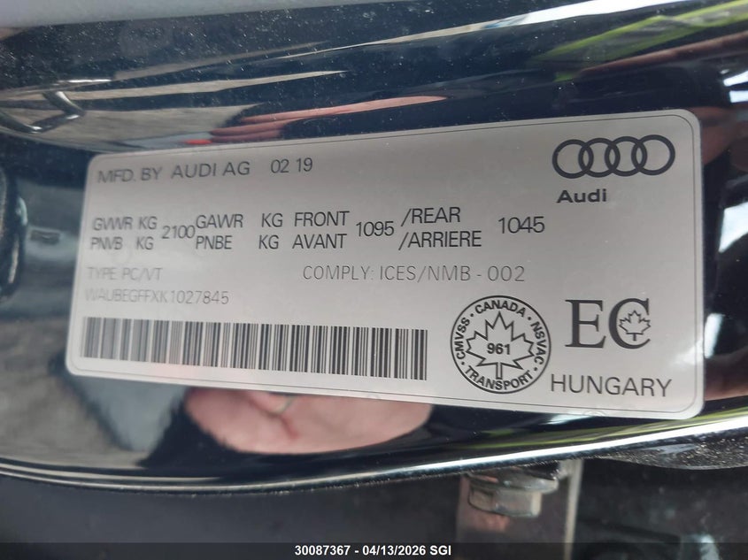 2019 Audi A3 Premium VIN: WAUBEGFFXK1027845 Lot: 30087367