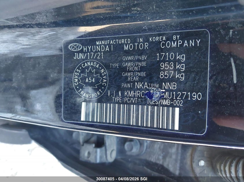 2021 Hyundai Venue Sel/Denim VIN: KMHRC8A36MU127190 Lot: 30087405