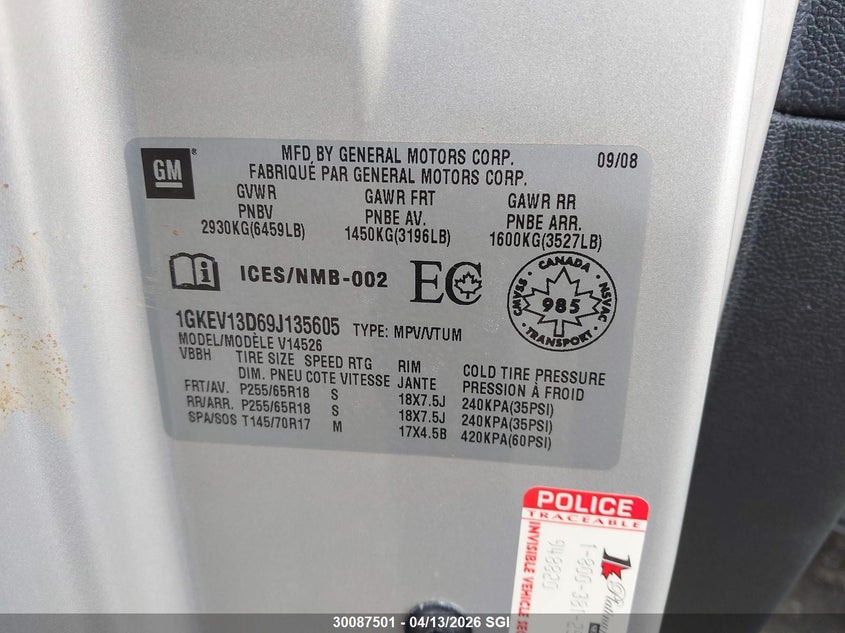2009 GMC Acadia Sle VIN: 1GKEV13D69J135605 Lot: 30087501