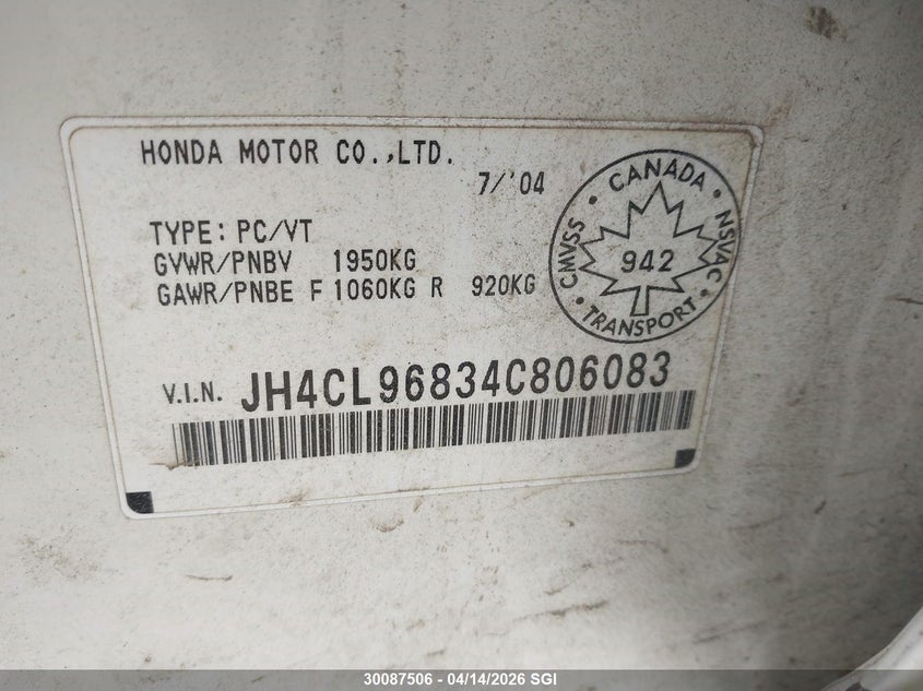 2004 Acura Tsx VIN: JH4CL96834C806083 Lot: 30087506