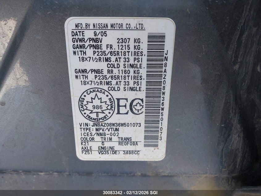 2006 Nissan Murano Sl/Se/S VIN: JN8AZ08W36W501073 Lot: 30083342