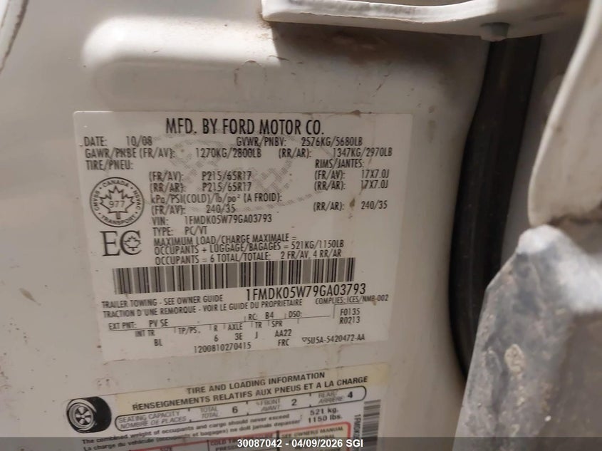 2009 Ford Taurus X Sel VIN: 1FMDK05W79GA03793 Lot: 30087042