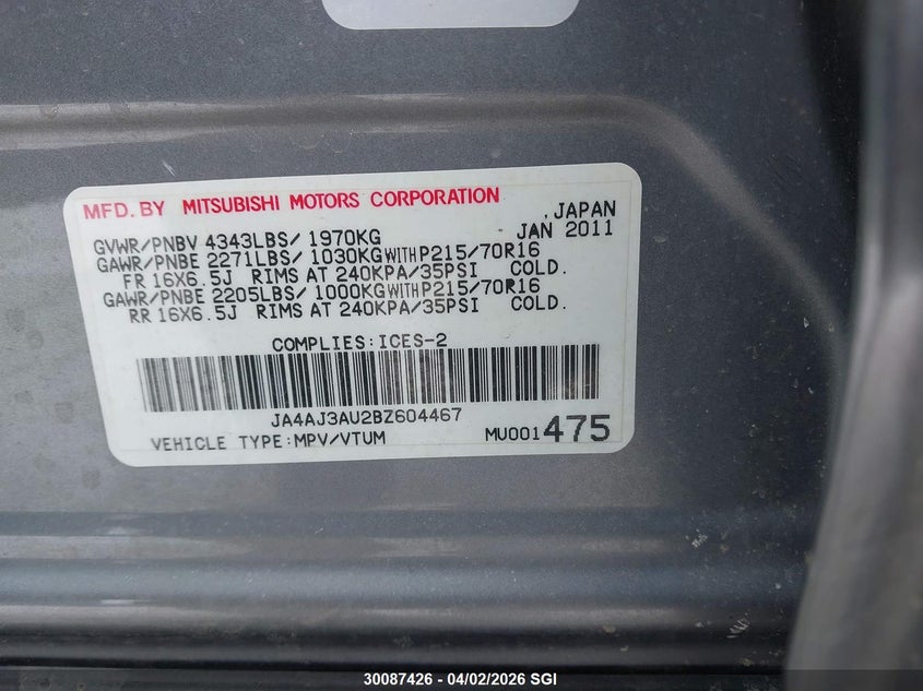 2011 Mitsubishi Rvr Se VIN: JA4AJ3AU2BZ604467 Lot: 30087426