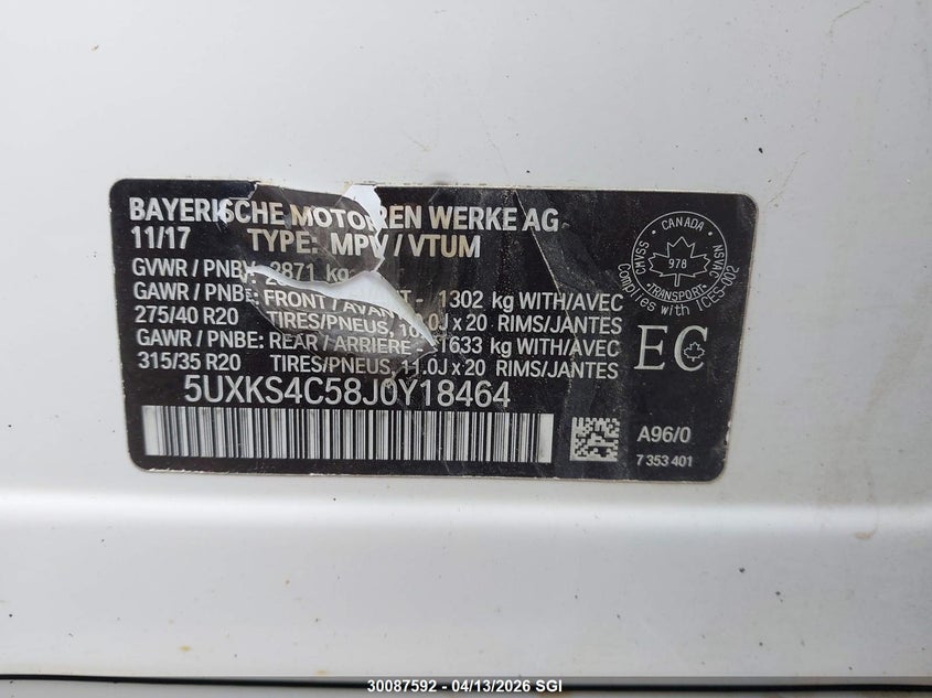 2018 BMW X5 xDrive35D VIN: 5UXKS4C58J0Y18464 Lot: 30087592