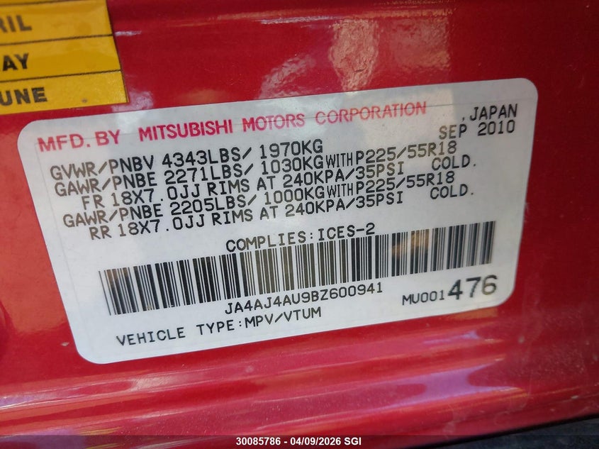 2011 Mitsubishi Rvr Gt VIN: JA4AJ4AU9BZ600941 Lot: 30085786