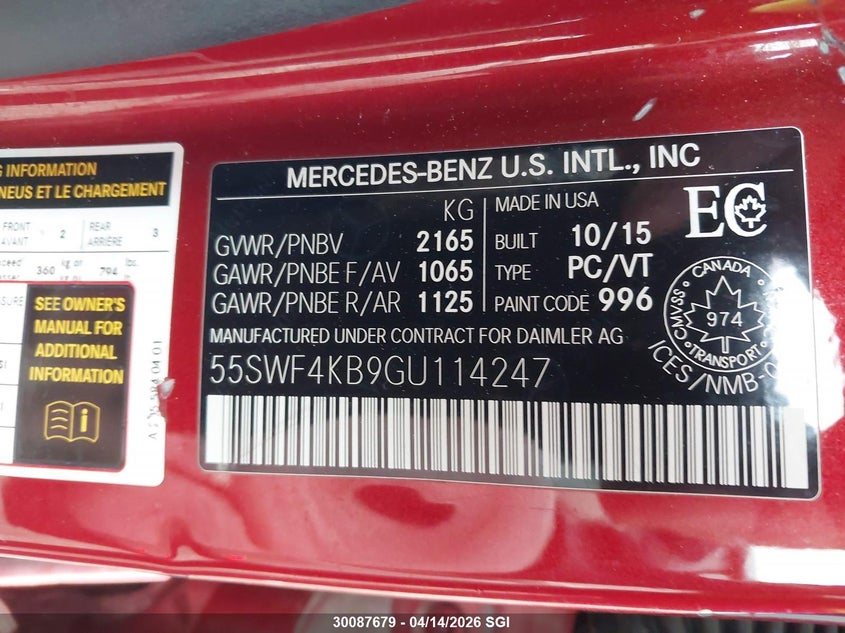 2016 Mercedes-Benz C 300 4Matic VIN: 55SWF4KB9GU114247 Lot: 30087679