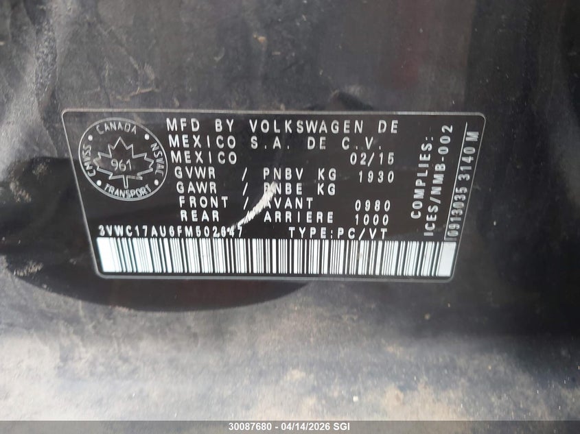 2015 Volkswagen Golf Sportwagen S/Se/Sel VIN: 3VWC17AU6FM502647 Lot: 30087680