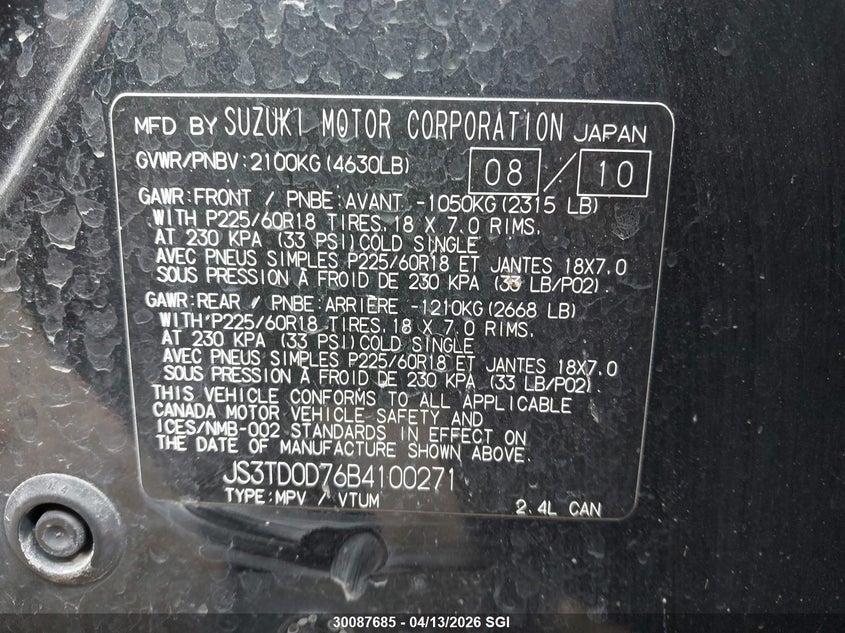 2011 Suzuki Grand Vitara Jlx VIN: JS3TD0D76B4100271 Lot: 30087685