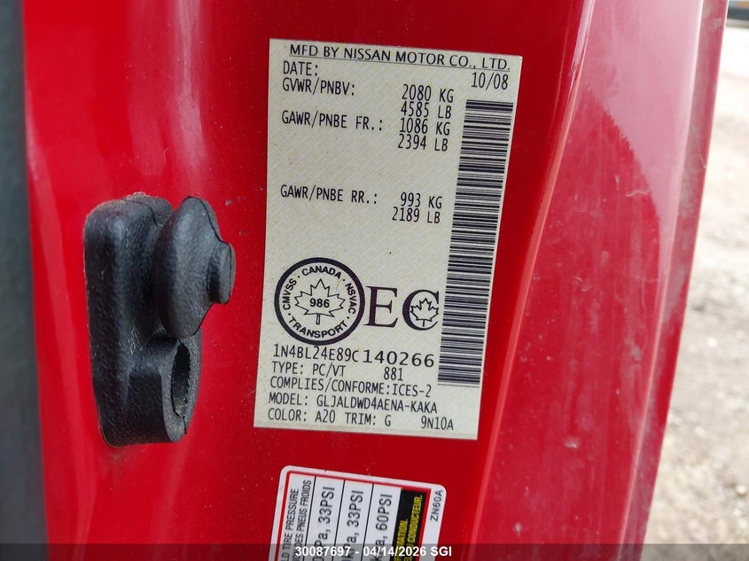 2009 Nissan Altima 3.5Se VIN: 1N4BL24E89C140266 Lot: 30087697