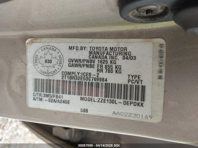 2003 Toyota Corolla Ce/Le/S VIN: 2T1BR32E53C769984 Lot: 30087698