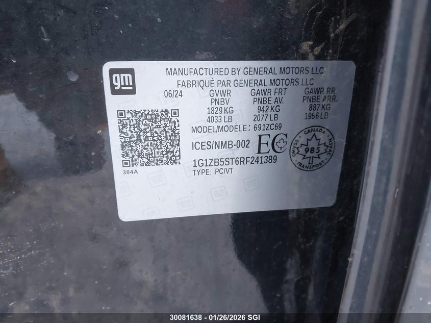 2024 Chevrolet Malibu Ls VIN: 1G1ZB5ST6RF241389 Lot: 30081638