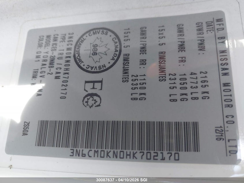 2017 Nissan Nv200 2.5S/2.5Sv VIN: 3N6CM0KN0HK702170 Lot: 30087637