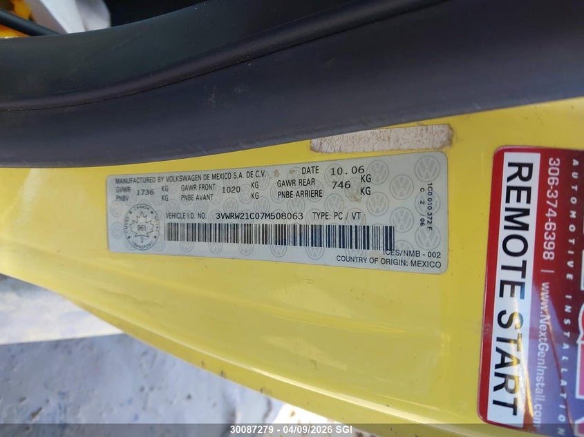 2007 Volkswagen New Beetle 2.5L Luxury VIN: 3VWRW21C07M508063 Lot: 30087279