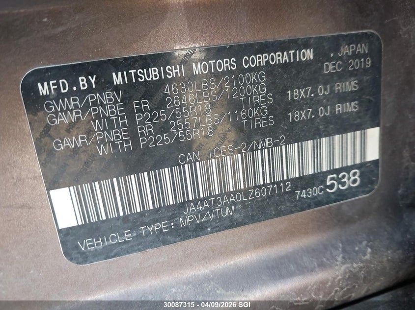 2020 Mitsubishi Eclipse Cross Es VIN: JA4AT3AA0LZ607112 Lot: 30087315