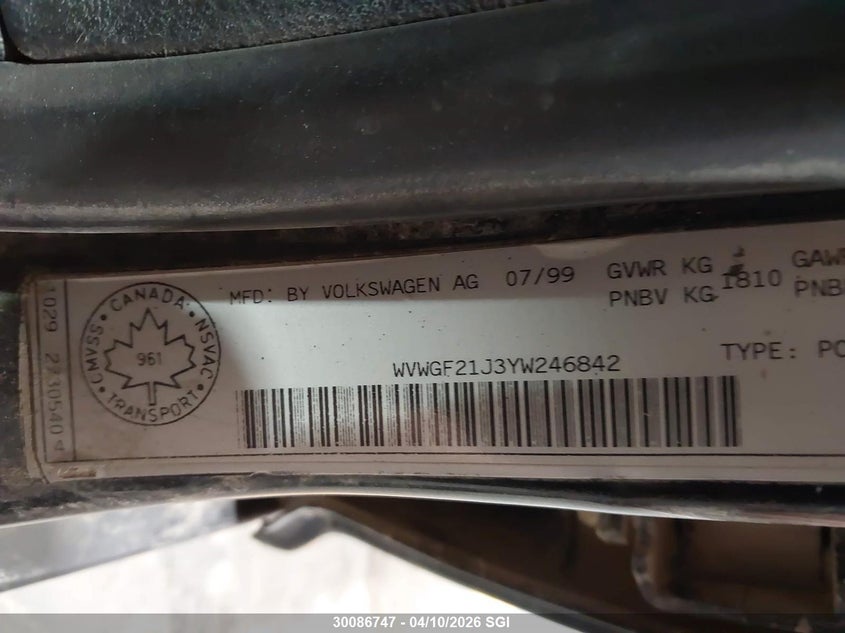 2000 Volkswagen Golf Gls Tdi VIN: WVWGF21J3YW246842 Lot: 30086747