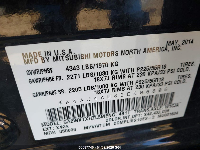 2014 Mitsubishi Rvr Gt VIN: 4A4AJ4AU8EE606806 Lot: 30087740