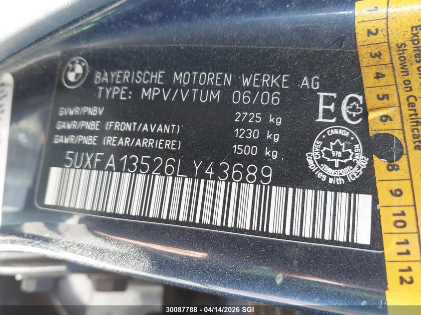 2006 BMW X5 3.0I VIN: 5UXFA13526LY43689 Lot: 30087788